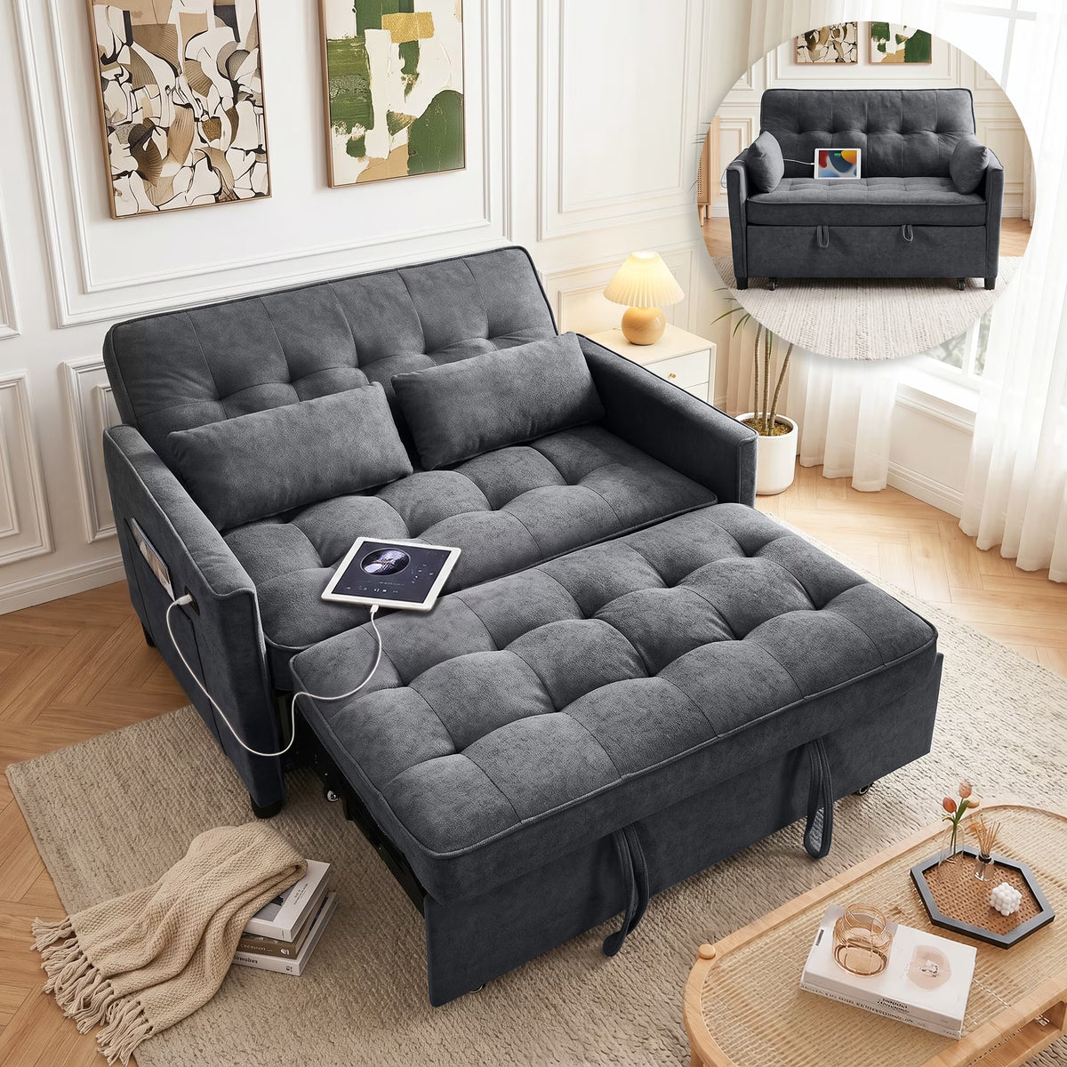 55'' 3 in 1 Pull Out Sofa Bed, Convertible Couch with Adjustable Backrest/Side Pockets/Usb Charging Ports, Sleeper Sofa for Living Room, Dark Gray