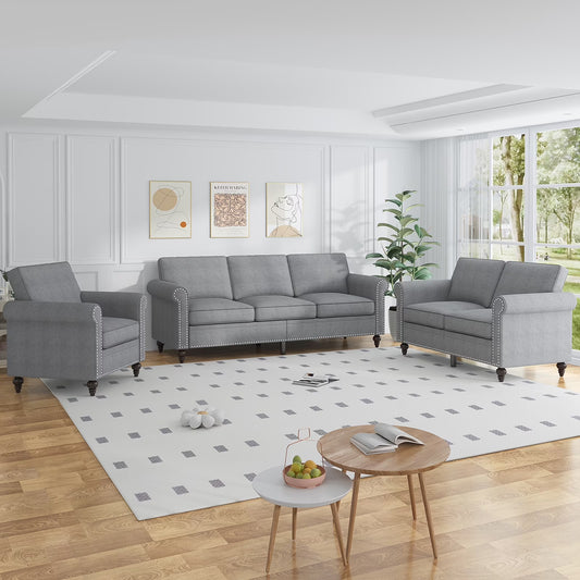 3 Piece Living Room Sofa Set, 3 Seat Sofa + Loveseat + Armchair, Couches Sets with Solid Wood Frame for Living Room - Dark Gray