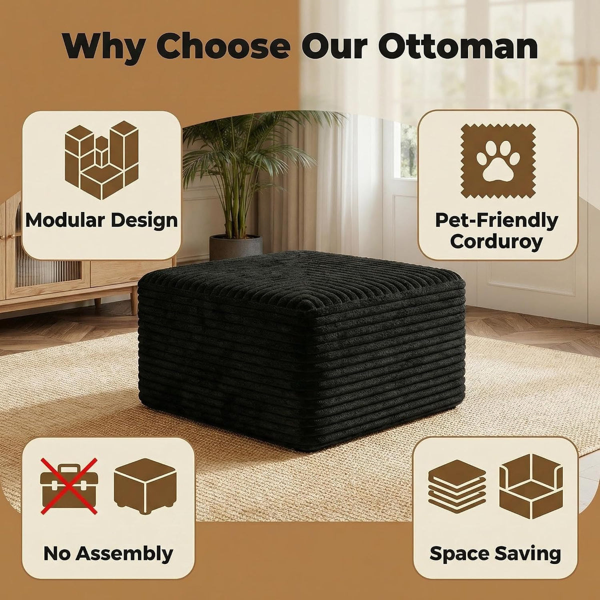 25.6 Inch Plush Corduroy Ottoman, Modular Sectional Foot Rest for Living Room, Upholstered Cloud Ottoman for Boneless Couch in a Box, Compressed Memory Foam, No Assembly Require, Black