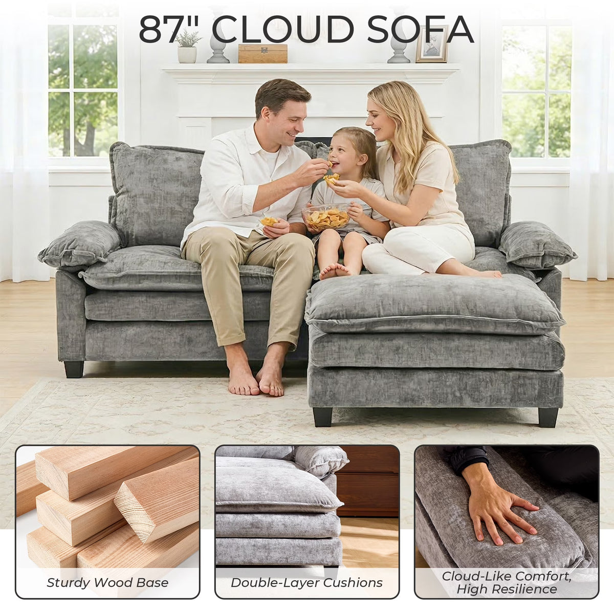 87" W L Shaped Cloud Sectional Sofa, Chenille Upholstered Couch with Chaise and Movable Ottoman, 2-Seater, Light Gray