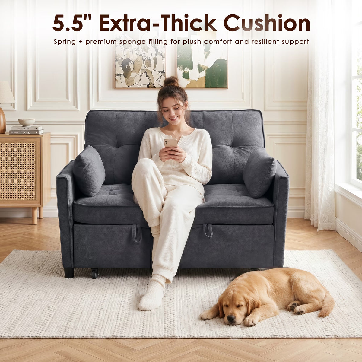 55'' 3 in 1 Pull Out Sofa Bed, Convertible Couch with Adjustable Backrest/Side Pockets/Usb Charging Ports, Sleeper Sofa for Living Room, Dark Gray