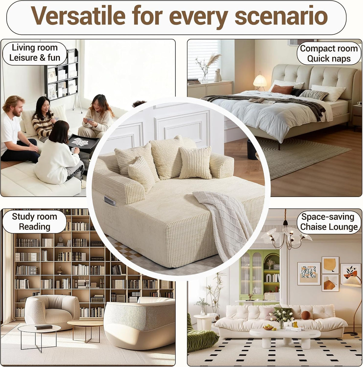 58" Chaise Lounge Chair Indoor, Oversized Chaise Lounge Chair, Beige