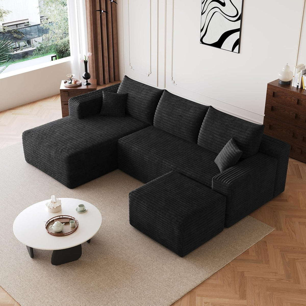 25.6 Inch Plush Corduroy Ottoman, Modular Sectional Foot Rest for Living Room, Upholstered Cloud Ottoman for Boneless Couch in a Box, Compressed Memory Foam, No Assembly Require, Black