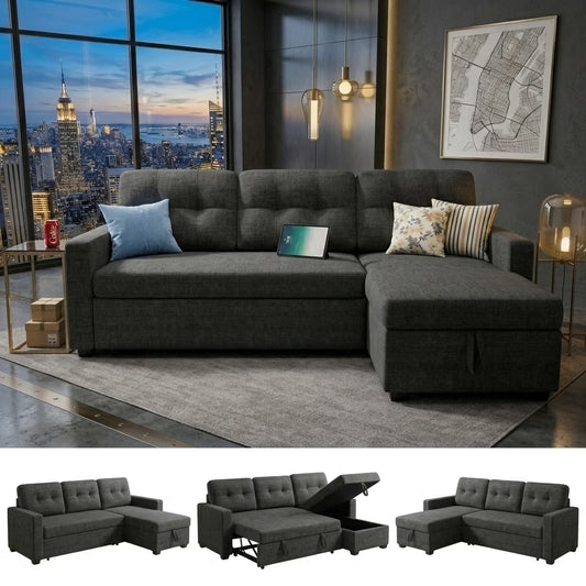 Convertible Sleeper Sofa Bed,82" L Shaped Sectional Couch with Pull Out Bed, Storage Chaise & Reversible Lounge, Compact Linen Sectional Sofa for Small Space Apartment Living Room