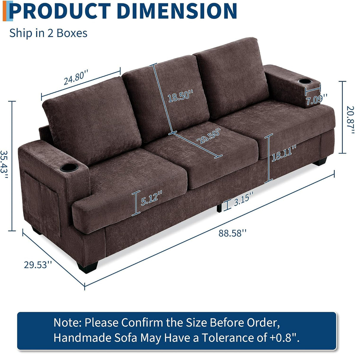 89" Couch for Living Room,Chenille Sofa with Cup Holders-Brown