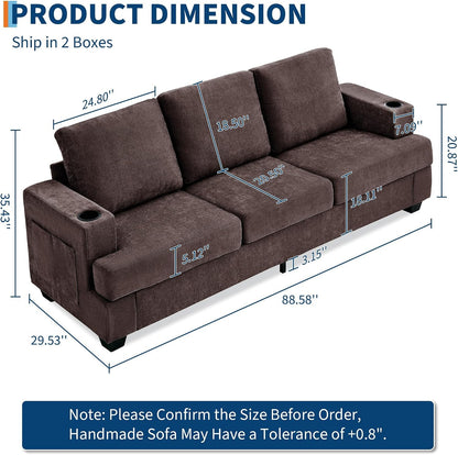 89" Couch for Living Room,Chenille Sofa with Cup Holders-Brown
