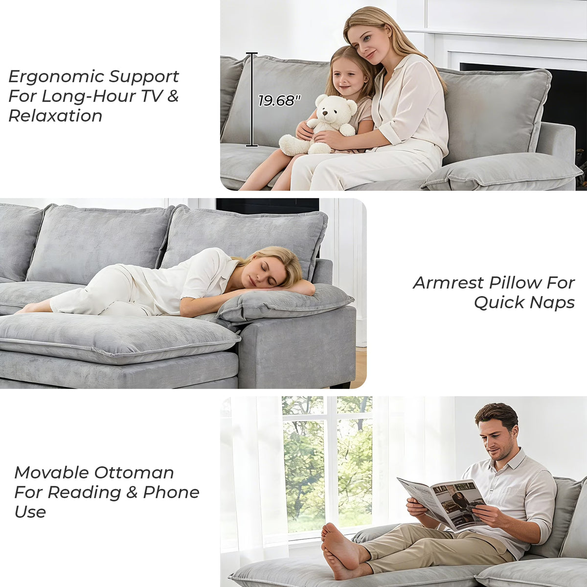 87" W L Shaped Cloud Sectional Sofa, Chenille Upholstered Couch with Chaise and Movable Ottoman, 2-Seater, Light Gray