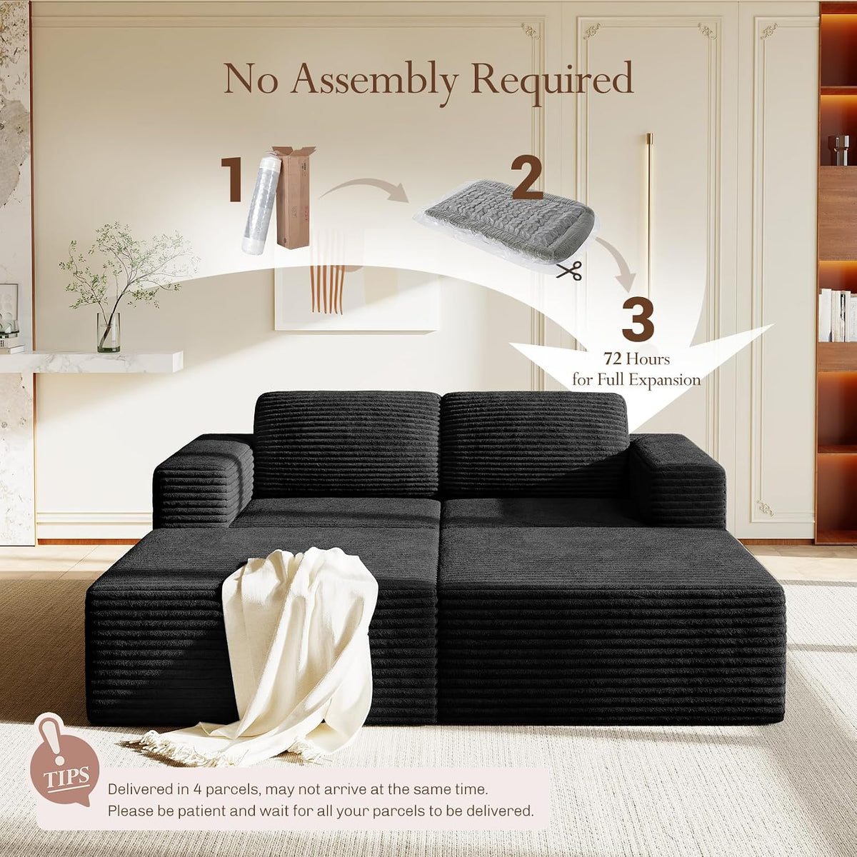 80" Compact Modular Sofa with Movable Ottoman, Corduroy Upholstered Cloud Couch with Deep Seating & Supportive Spring Structure, Comfortable Boneless Sofa Bed for Apartment Living, No Assembly, Black