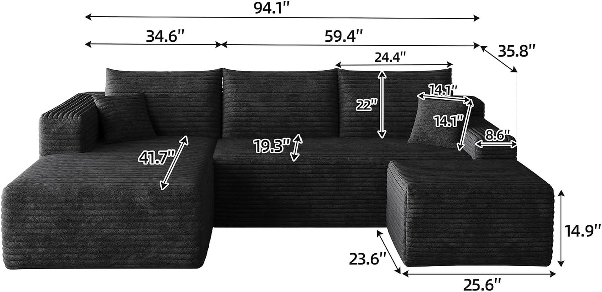 25.6 Inch Plush Corduroy Ottoman, Modular Sectional Foot Rest for Living Room, Upholstered Cloud Ottoman for Boneless Couch in a Box, Compressed Memory Foam, No Assembly Require, Black