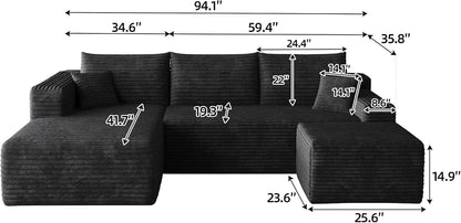 25.6 Inch Plush Corduroy Ottoman, Modular Sectional Foot Rest for Living Room, Upholstered Cloud Ottoman for Boneless Couch in a Box, Compressed Memory Foam, No Assembly Require, Black