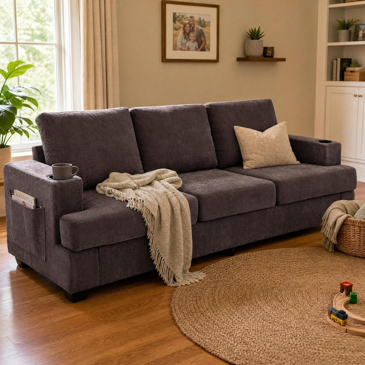 89" Couch for Living Room,Chenille Sofa with Cup Holders-Brown