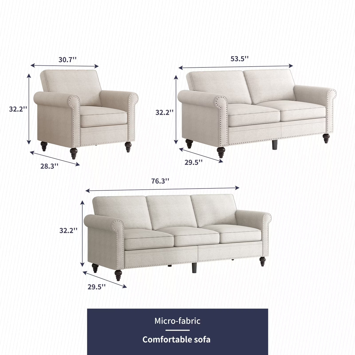 3 Piece Living Room Sofa Set, 3 Seat Sofa + Loveseat + Armchair, Couches Sets with Solid Wood Frame for Living Room - Beige