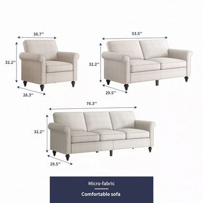 3 Piece Living Room Sofa Set, 3 Seat Sofa + Loveseat + Armchair, Couches Sets with Solid Wood Frame for Living Room - Beige