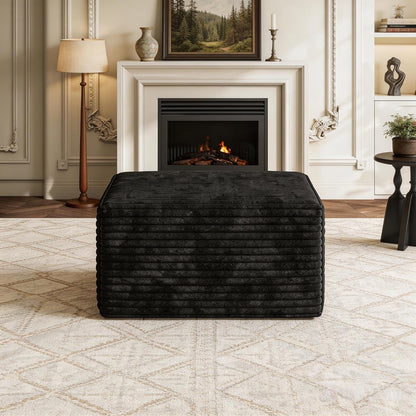 25.6 Inch Plush Corduroy Ottoman, Modular Sectional Foot Rest for Living Room, Upholstered Cloud Ottoman for Boneless Couch in a Box, Compressed Memory Foam, No Assembly Require, Black