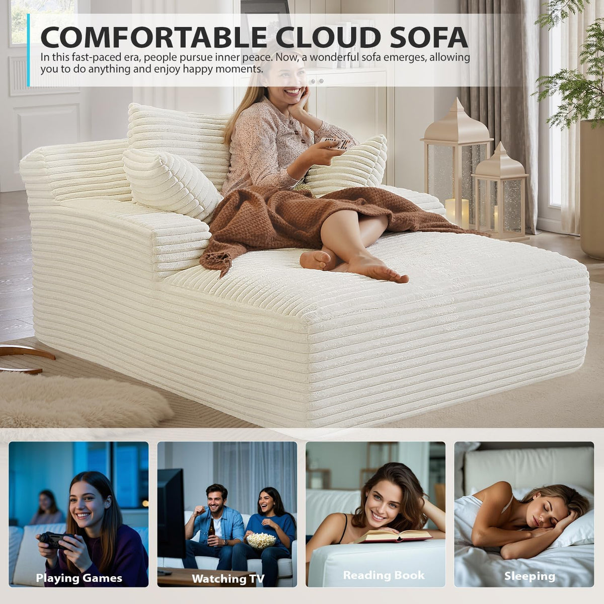 Couch Chaise Lounge Chair Indoor, Boneless Sleeper Sofa Bed, Beige