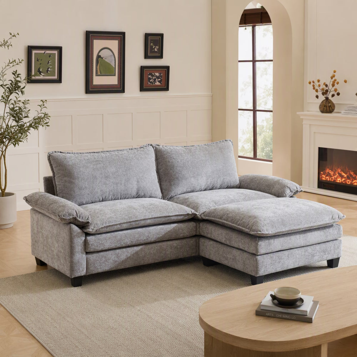 87" W L Shaped Cloud Sectional Sofa, Chenille Upholstered Couch with Chaise and Movable Ottoman, 2-Seater, Light Gray