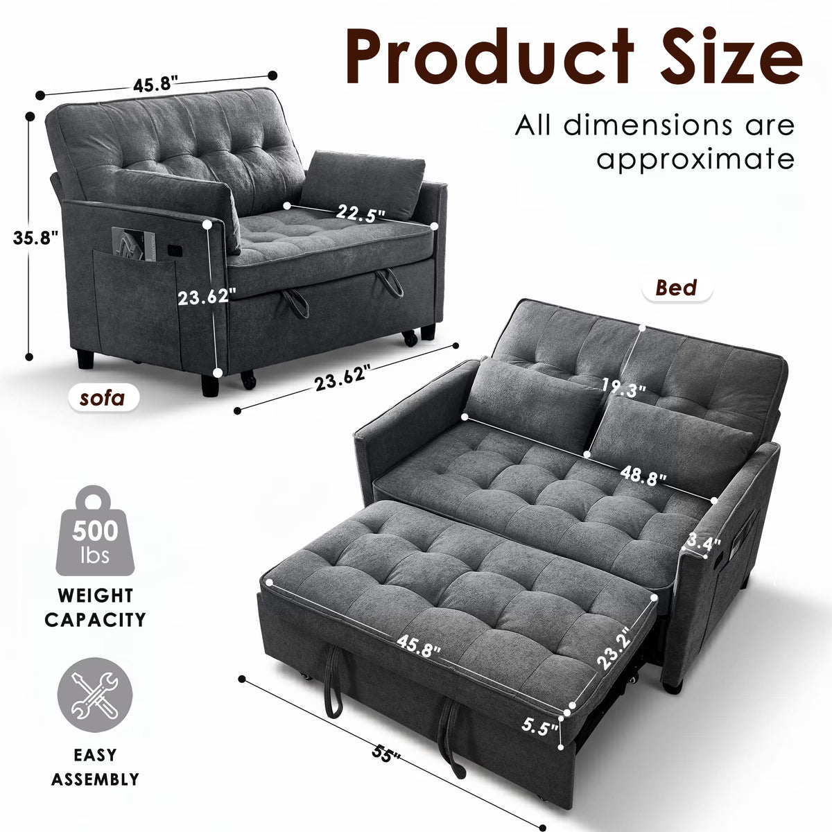 55'' 3 in 1 Pull Out Sofa Bed, Convertible Couch with Adjustable Backrest/Side Pockets/Usb Charging Ports, Sleeper Sofa for Living Room, Dark Gray