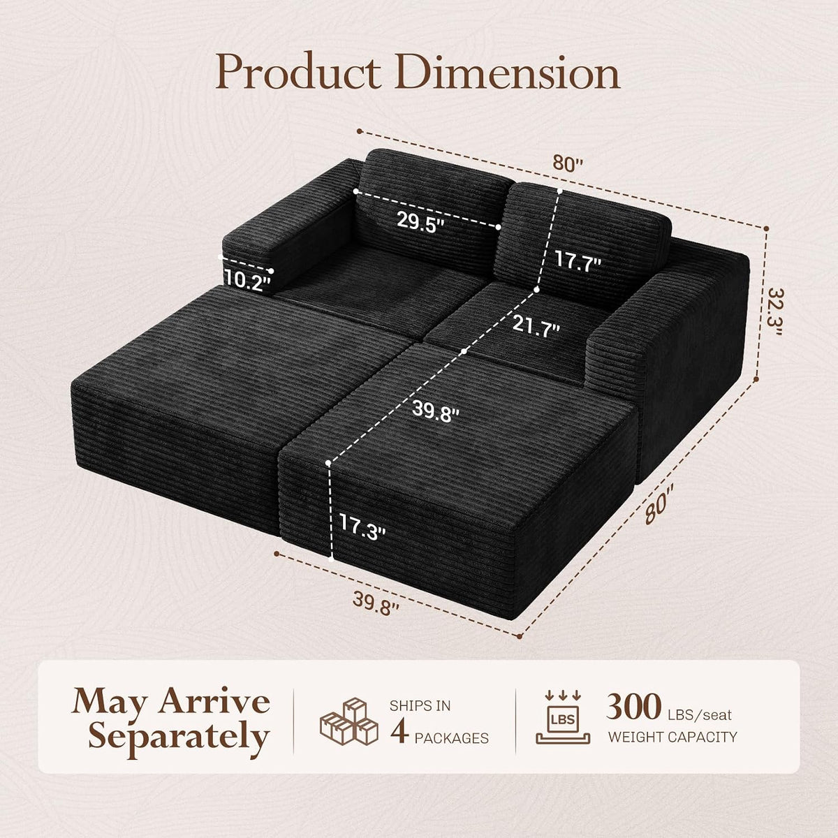 80" Compact Modular Sofa with Movable Ottoman, Corduroy Upholstered Cloud Couch with Deep Seating & Supportive Spring Structure, Comfortable Boneless Sofa Bed for Apartment Living, No Assembly, Black