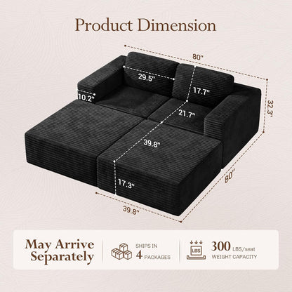 80" Compact Modular Sofa with Movable Ottoman, Corduroy Upholstered Cloud Couch with Deep Seating & Supportive Spring Structure, Comfortable Boneless Sofa Bed for Apartment Living, No Assembly, Black