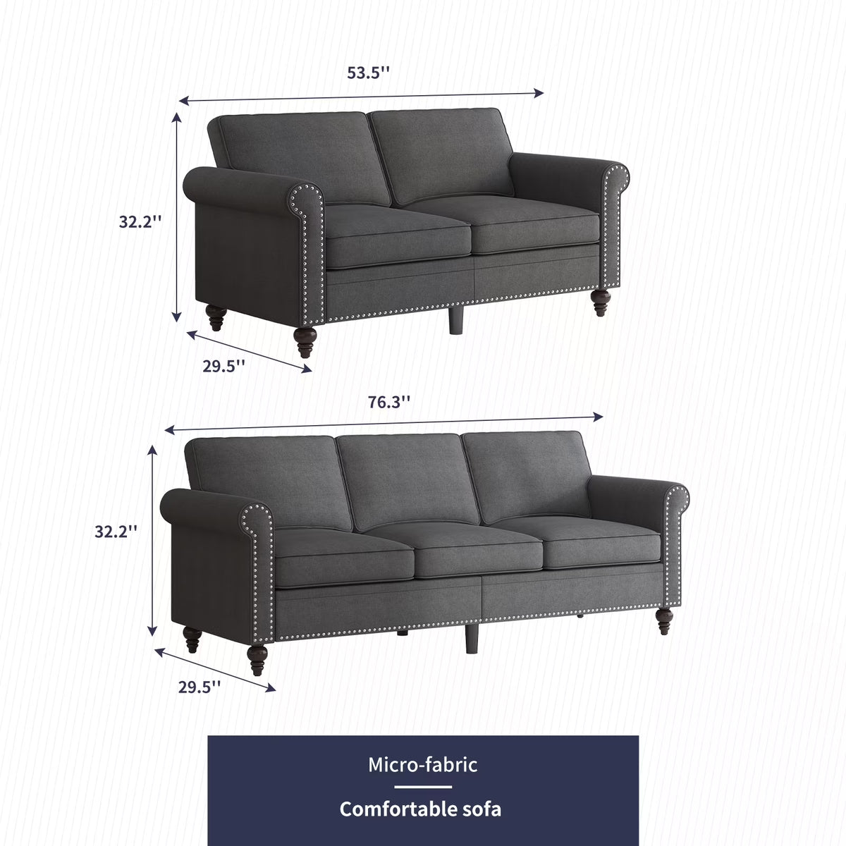 2Piece Living Room Sofa Set, Loveseat Couch and 3 Seat Sofa with Solid Wood Frame for Living Room - Dark Gray