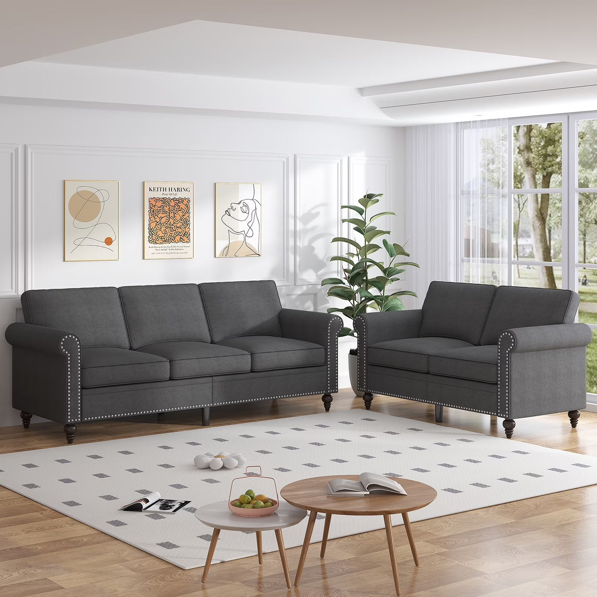 2Piece Living Room Sofa Set, Loveseat Couch and 3 Seat Sofa with Solid Wood Frame for Living Room - Dark Gray