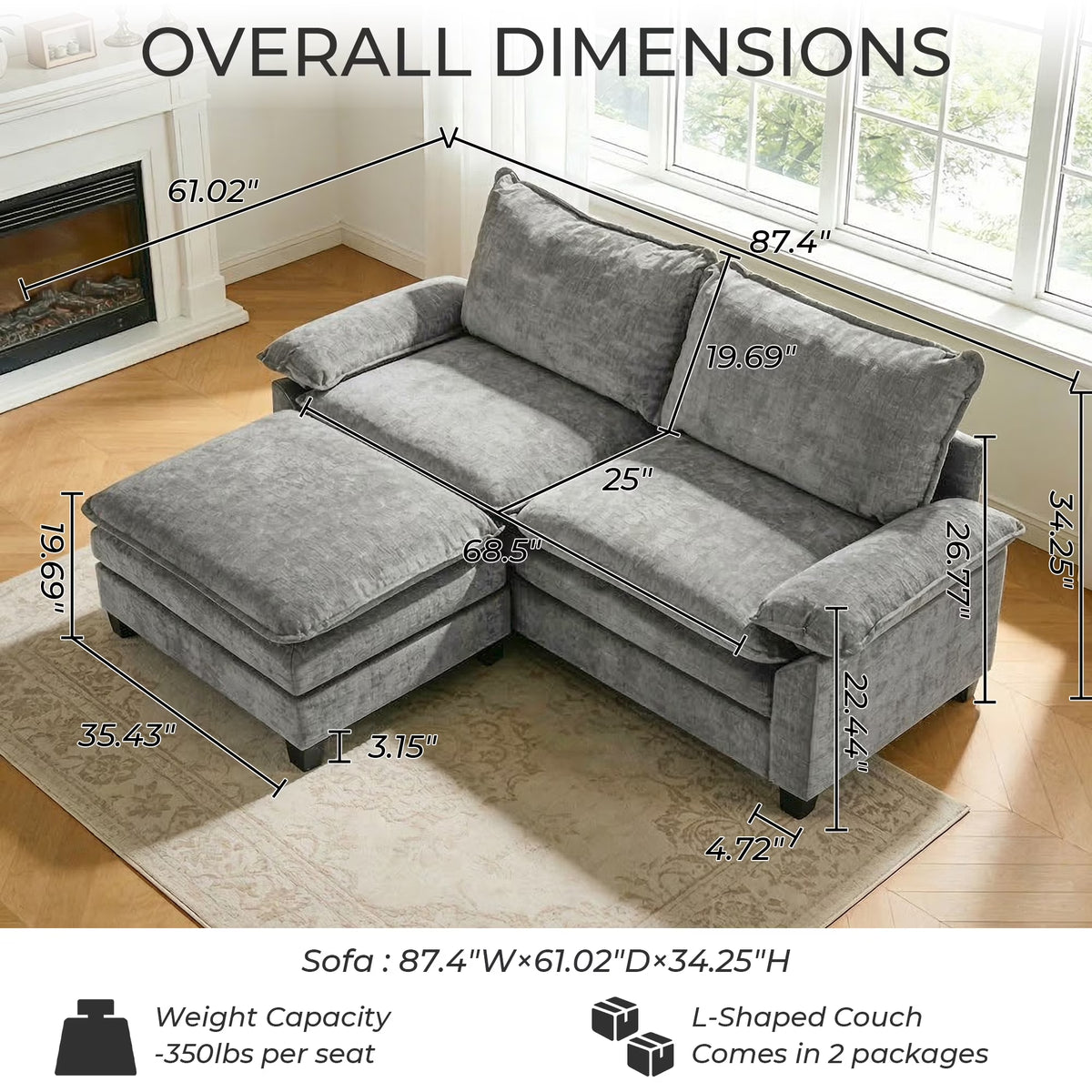 87" W L Shaped Cloud Sectional Sofa, Chenille Upholstered Couch with Chaise and Movable Ottoman, 2-Seater, Light Gray