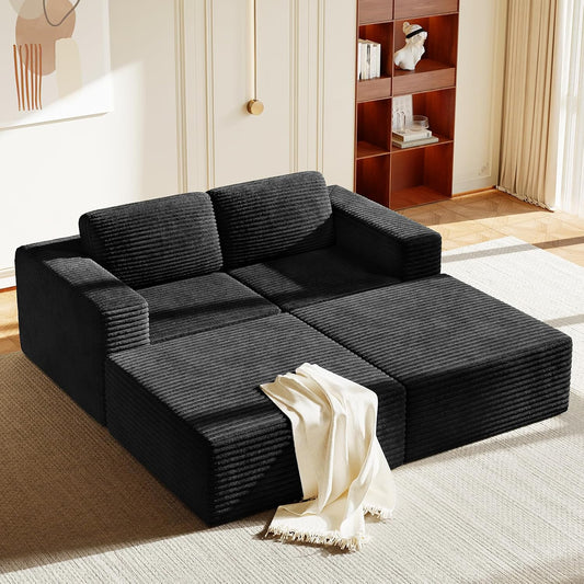 80" Compact Modular Sofa with Movable Ottoman, Corduroy Upholstered Cloud Couch with Deep Seating & Supportive Spring Structure, Comfortable Boneless Sofa Bed for Apartment Living, No Assembly, Black