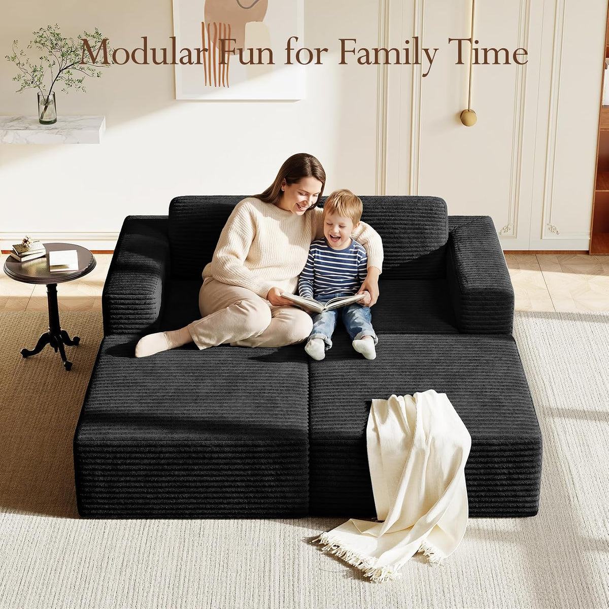80" Compact Modular Sofa with Movable Ottoman, Corduroy Upholstered Cloud Couch with Deep Seating & Supportive Spring Structure, Comfortable Boneless Sofa Bed for Apartment Living, No Assembly, Black