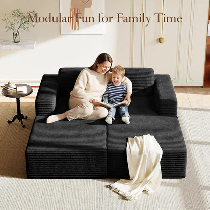 80" Compact Modular Sofa with Movable Ottoman, Corduroy Upholstered Cloud Couch with Deep Seating & Supportive Spring Structure, Comfortable Boneless Sofa Bed for Apartment Living, No Assembly, Black