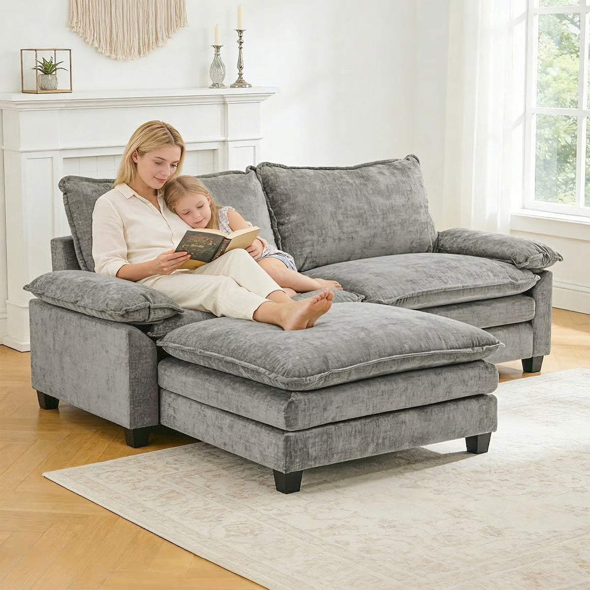 87" W L Shaped Cloud Sectional Sofa, Chenille Upholstered Couch with Chaise and Movable Ottoman, 2-Seater, Light Gray
