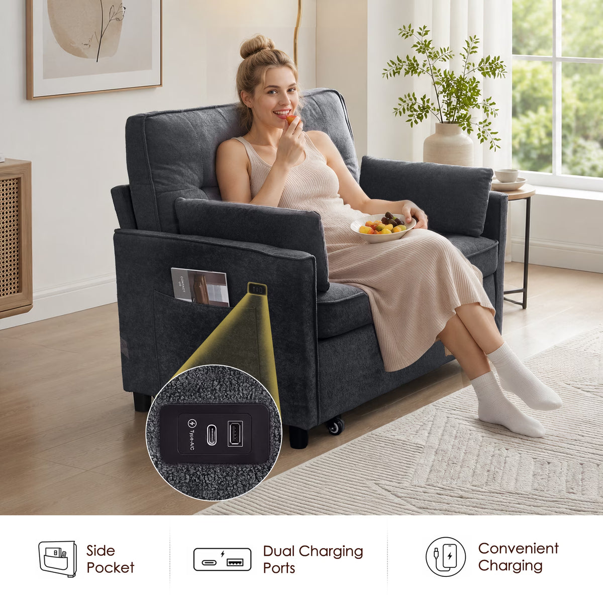 55'' 3 in 1 Pull Out Sofa Bed, Convertible Couch with Adjustable Backrest/Side Pockets/Usb Charging Ports, Sleeper Sofa for Living Room, Dark Gray
