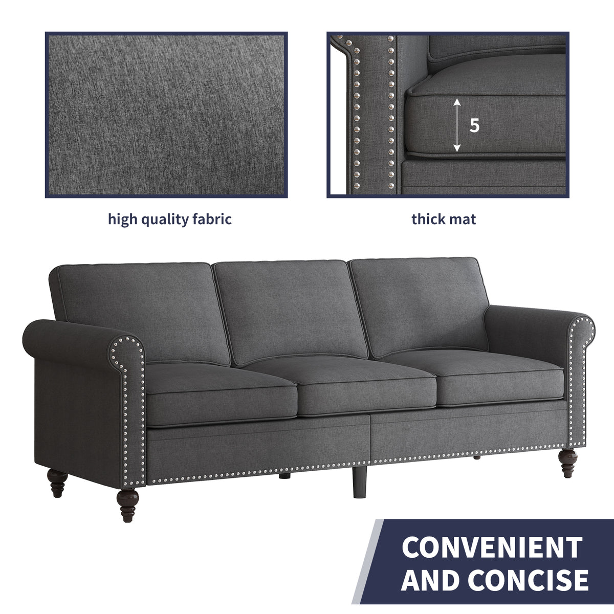 2Piece Living Room Sofa Set, Loveseat Couch and 3 Seat Sofa with Solid Wood Frame for Living Room - Dark Gray