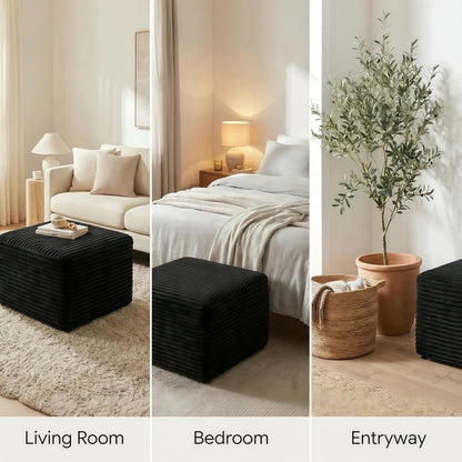 25.6 Inch Plush Corduroy Ottoman, Modular Sectional Foot Rest for Living Room, Upholstered Cloud Ottoman for Boneless Couch in a Box, Compressed Memory Foam, No Assembly Require, Black