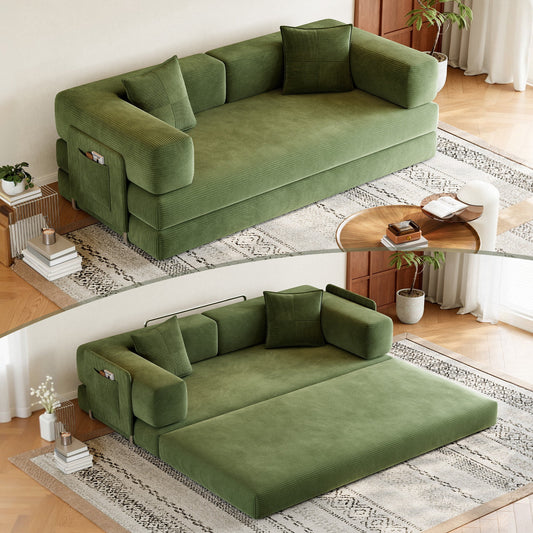 79 Inch Convertible Sofa Bed,5-In-1 Corduroy Floor Sofa with High-Density Foam,Metal Back and Arm Supports, Washable Cover and Side Pockets,Green