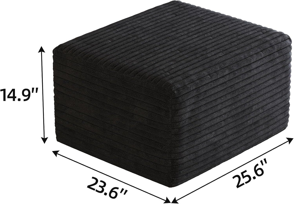 25.6 Inch Plush Corduroy Ottoman, Modular Sectional Foot Rest for Living Room, Upholstered Cloud Ottoman for Boneless Couch in a Box, Compressed Memory Foam, No Assembly Require, Black