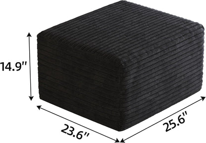 25.6 Inch Plush Corduroy Ottoman, Modular Sectional Foot Rest for Living Room, Upholstered Cloud Ottoman for Boneless Couch in a Box, Compressed Memory Foam, No Assembly Require, Black