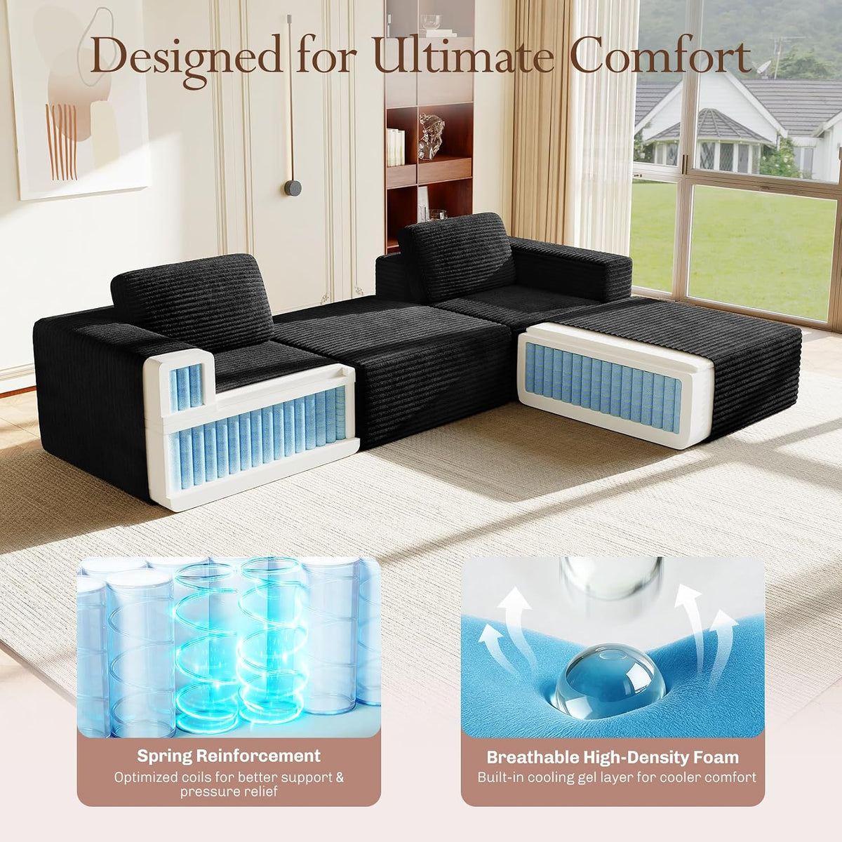 80" Compact Modular Sofa with Movable Ottoman, Corduroy Upholstered Cloud Couch with Deep Seating & Supportive Spring Structure, Comfortable Boneless Sofa Bed for Apartment Living, No Assembly, Black