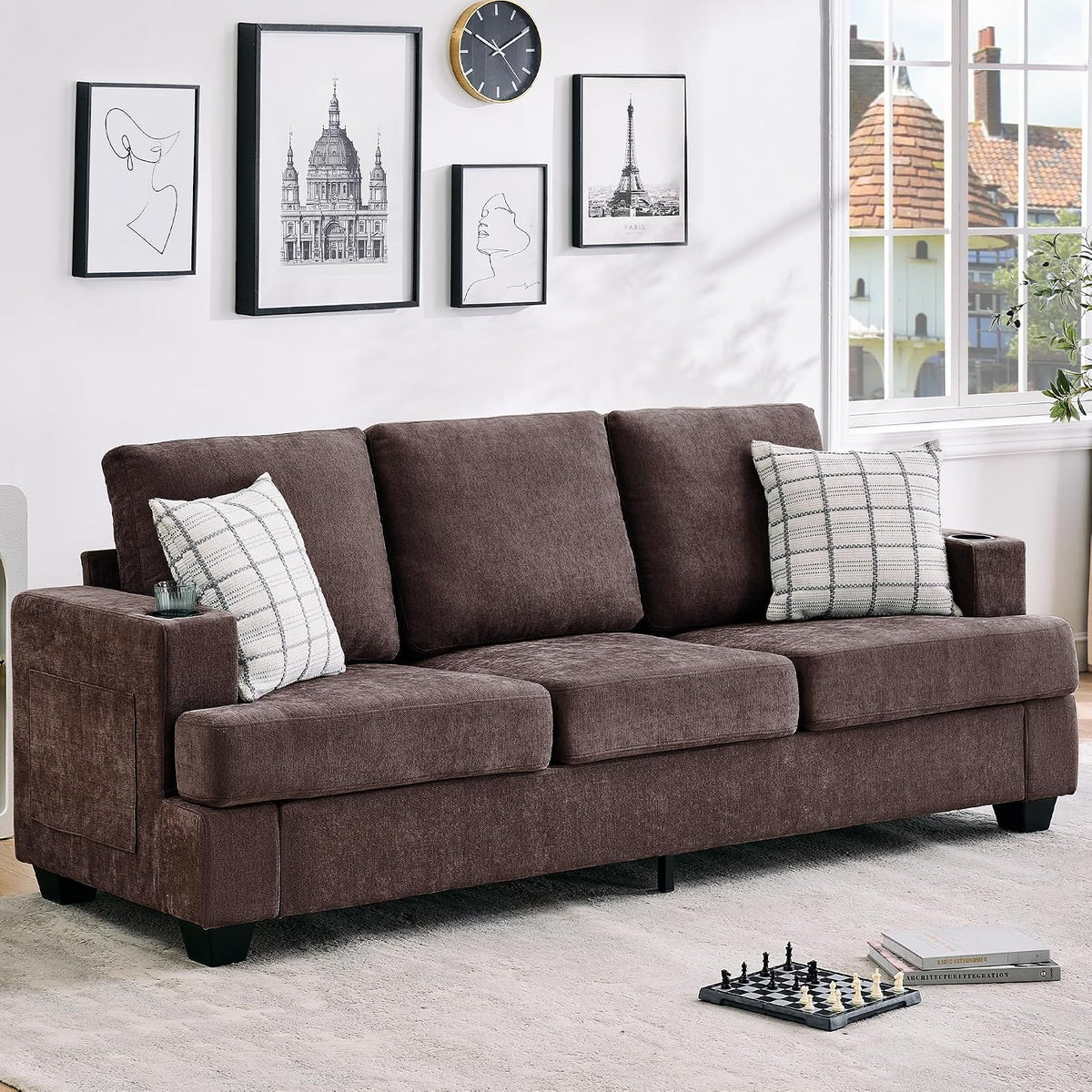 89" Couch for Living Room,Chenille Sofa with Cup Holders-Brown