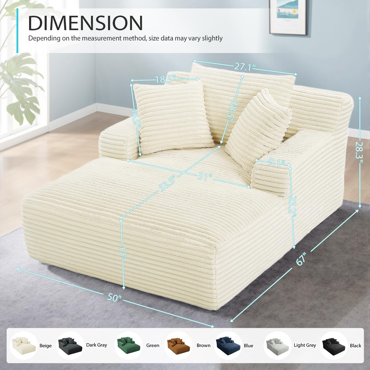 Couch Chaise Lounge Chair Indoor, Boneless Sleeper Sofa Bed, Beige