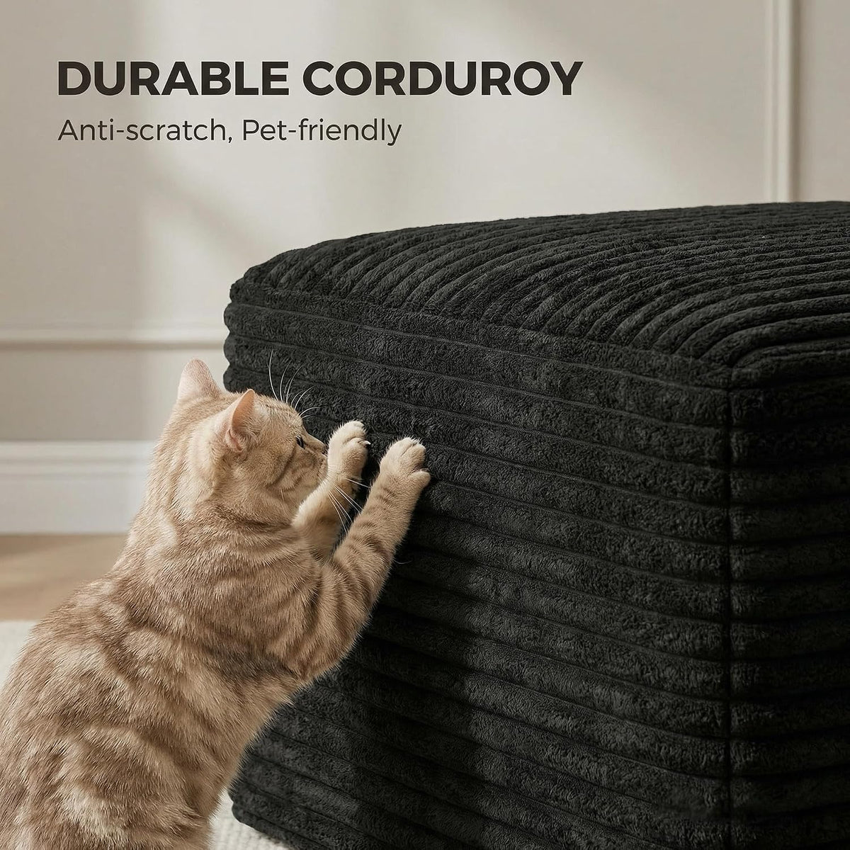 25.6 Inch Plush Corduroy Ottoman, Modular Sectional Foot Rest for Living Room, Upholstered Cloud Ottoman for Boneless Couch in a Box, Compressed Memory Foam, No Assembly Require, Black