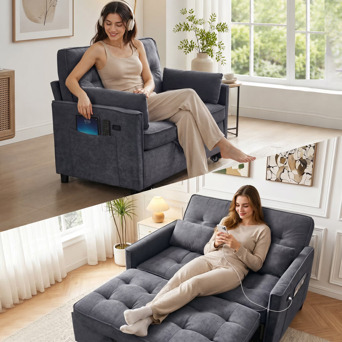 55'' 3 in 1 Pull Out Sofa Bed, Convertible Couch with Adjustable Backrest/Side Pockets/Usb Charging Ports, Sleeper Sofa for Living Room, Dark Gray