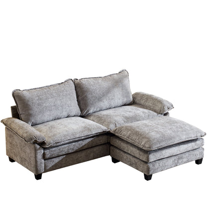 87" W L Shaped Cloud Sectional Sofa, Chenille Upholstered Couch with Chaise and Movable Ottoman, 2-Seater, Light Gray