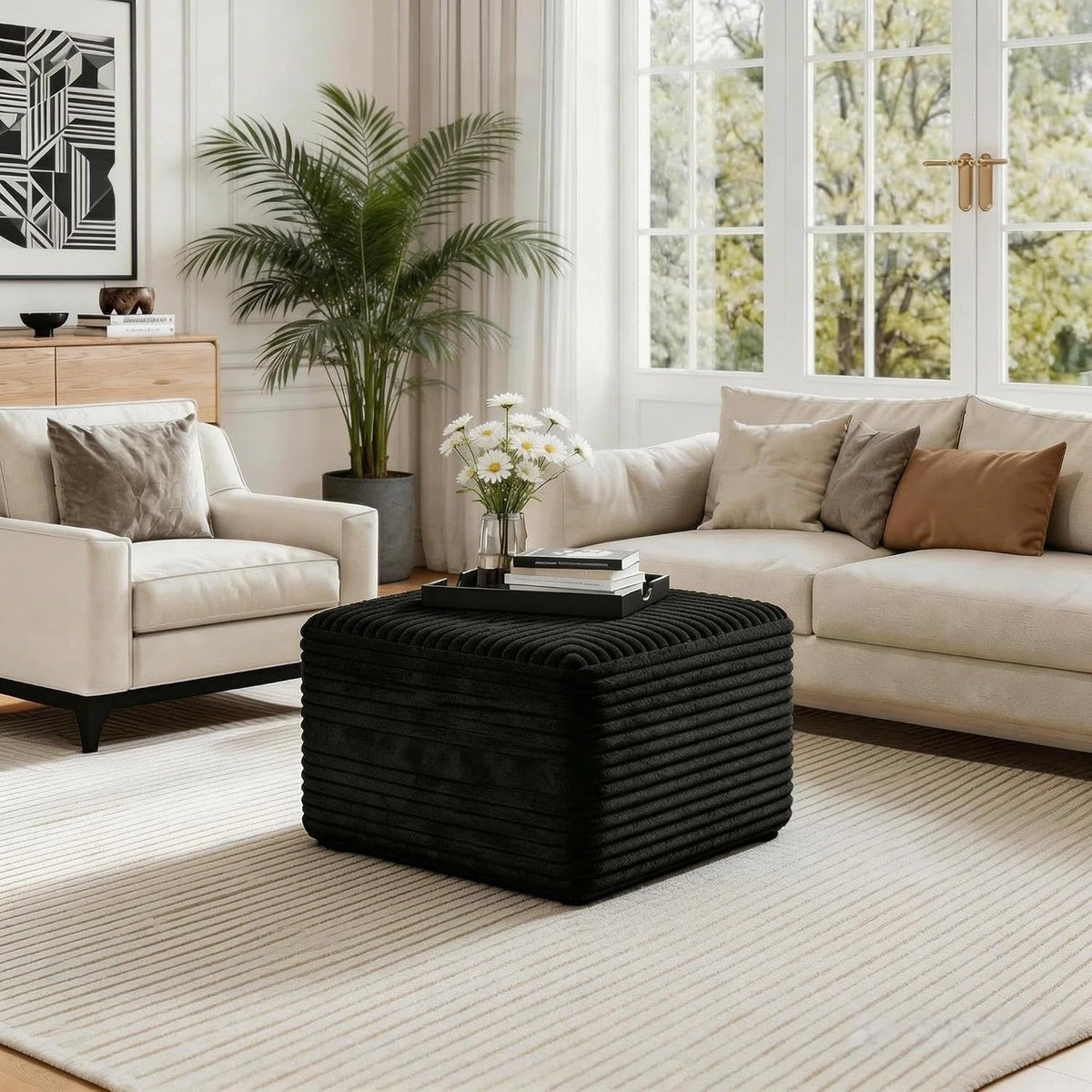 25.6 Inch Plush Corduroy Ottoman, Modular Sectional Foot Rest for Living Room, Upholstered Cloud Ottoman for Boneless Couch in a Box, Compressed Memory Foam, No Assembly Require, Black