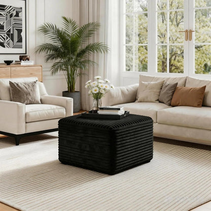 25.6 Inch Plush Corduroy Ottoman, Modular Sectional Foot Rest for Living Room, Upholstered Cloud Ottoman for Boneless Couch in a Box, Compressed Memory Foam, No Assembly Require, Black