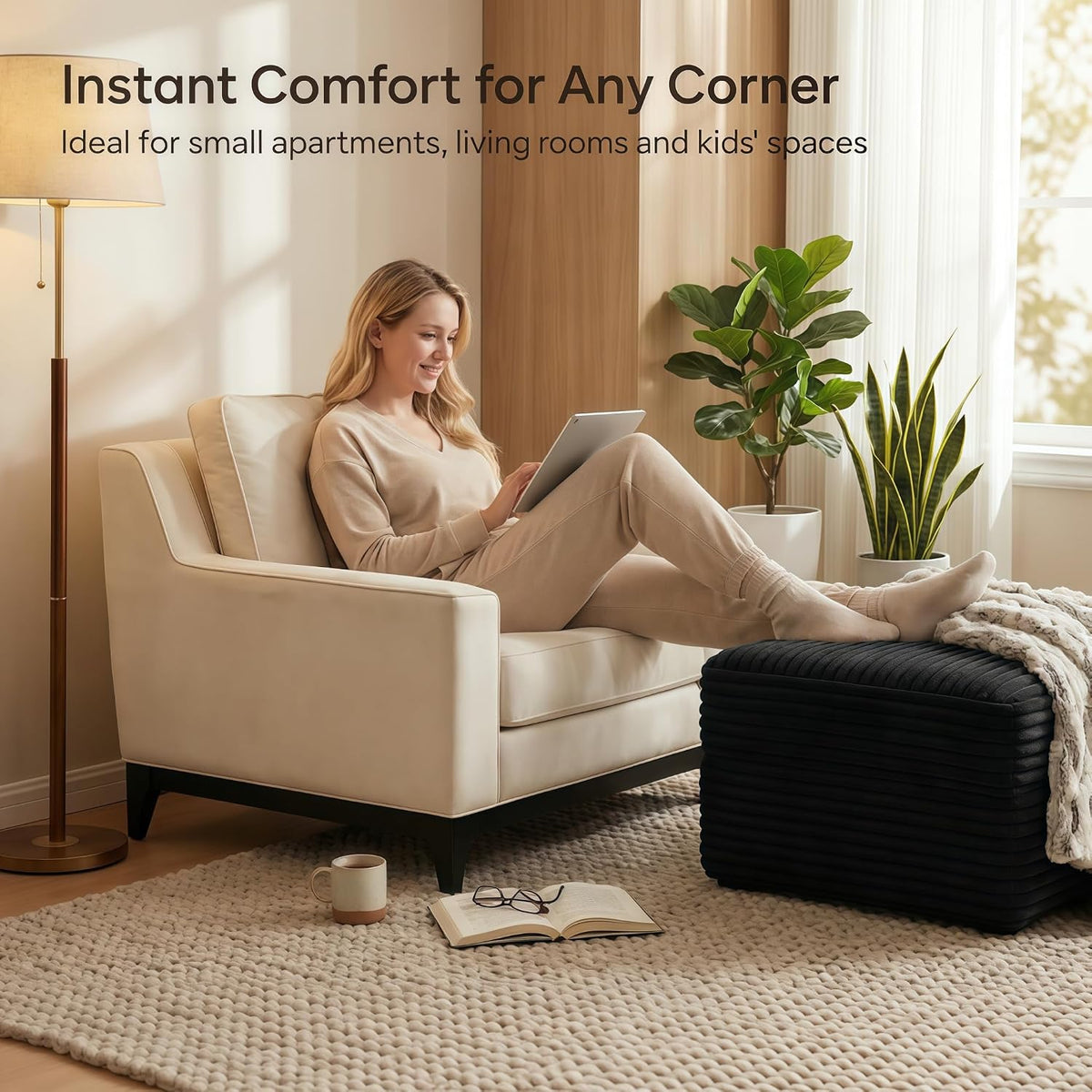 25.6 Inch Plush Corduroy Ottoman, Modular Sectional Foot Rest for Living Room, Upholstered Cloud Ottoman for Boneless Couch in a Box, Compressed Memory Foam, No Assembly Require, Black