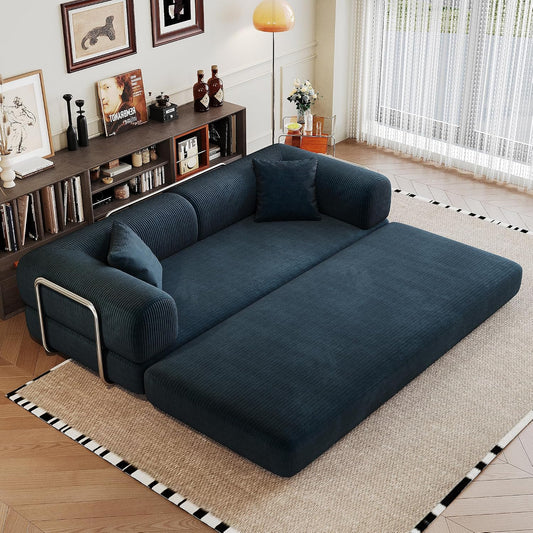 78" Convertible Floor Sofa Bed – 4-In-1 Modular Corduroy Sleeper with Fixed-Shape Support, No Assembly, Boneless Folding Couch with Armrests & Pillows – for Living Room, Apartments, Blue