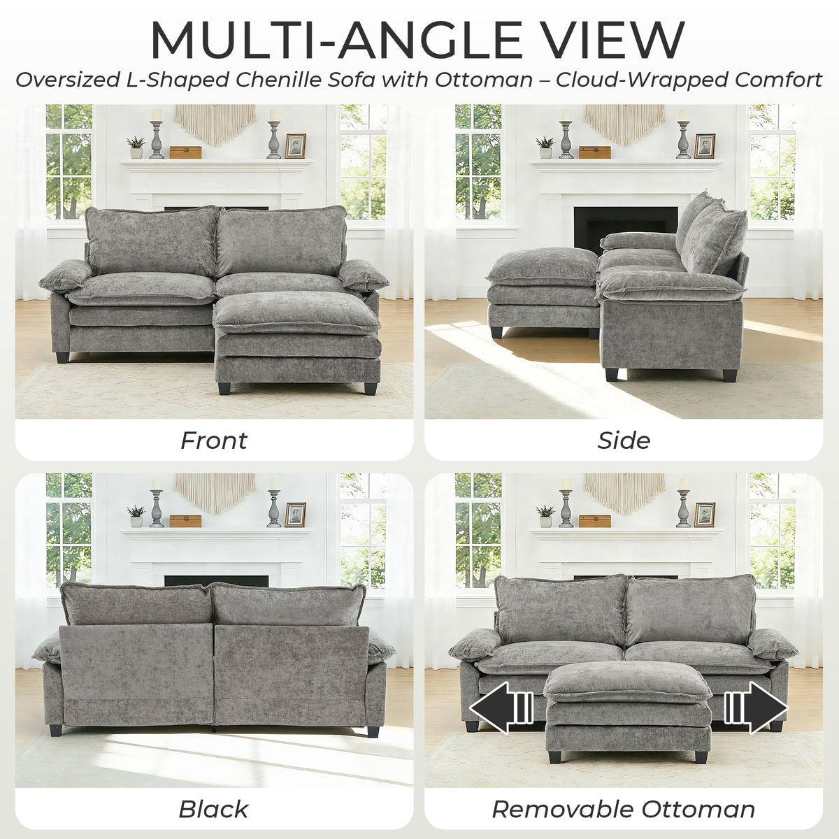 87" W L Shaped Cloud Sectional Sofa, Chenille Upholstered Couch with Chaise and Movable Ottoman, 2-Seater, Light Gray