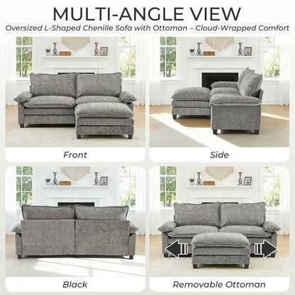 87" W L Shaped Cloud Sectional Sofa, Chenille Upholstered Couch with Chaise and Movable Ottoman, 2-Seater, Light Gray