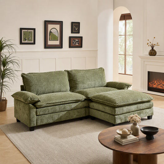 87" W L Shaped Cloud Sectional Sofa, Chenille Upholstered Couch with Chaise and Movable Ottoman, 2-Seater, Olive Green