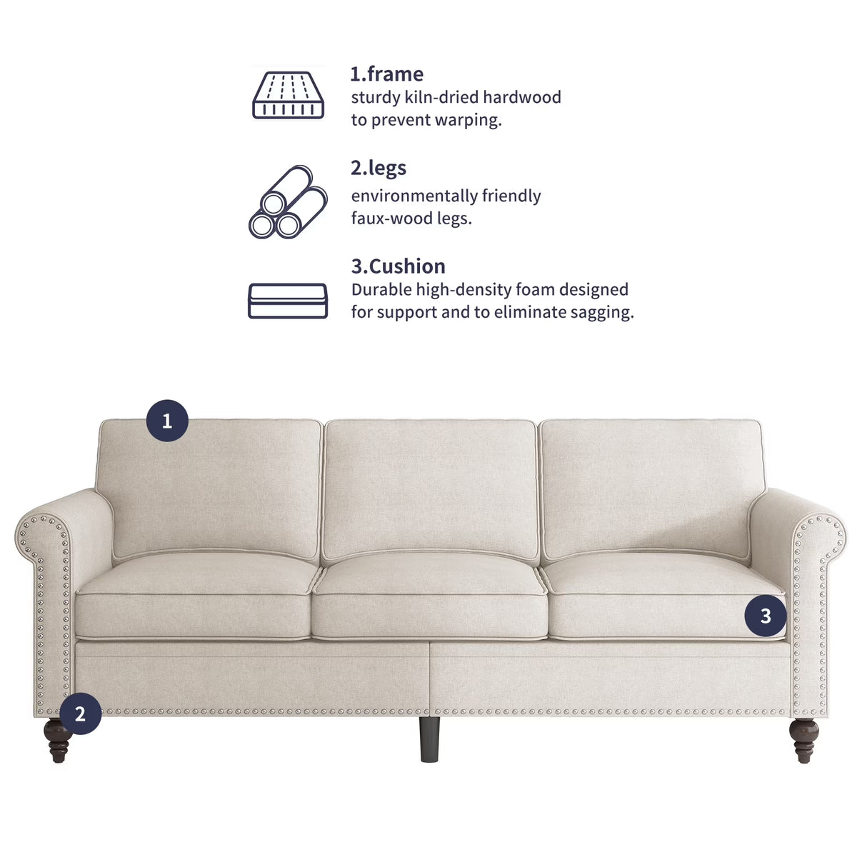 3 Piece Living Room Sofa Set, 3 Seat Sofa + Loveseat + Armchair, Couches Sets with Solid Wood Frame for Living Room - Beige